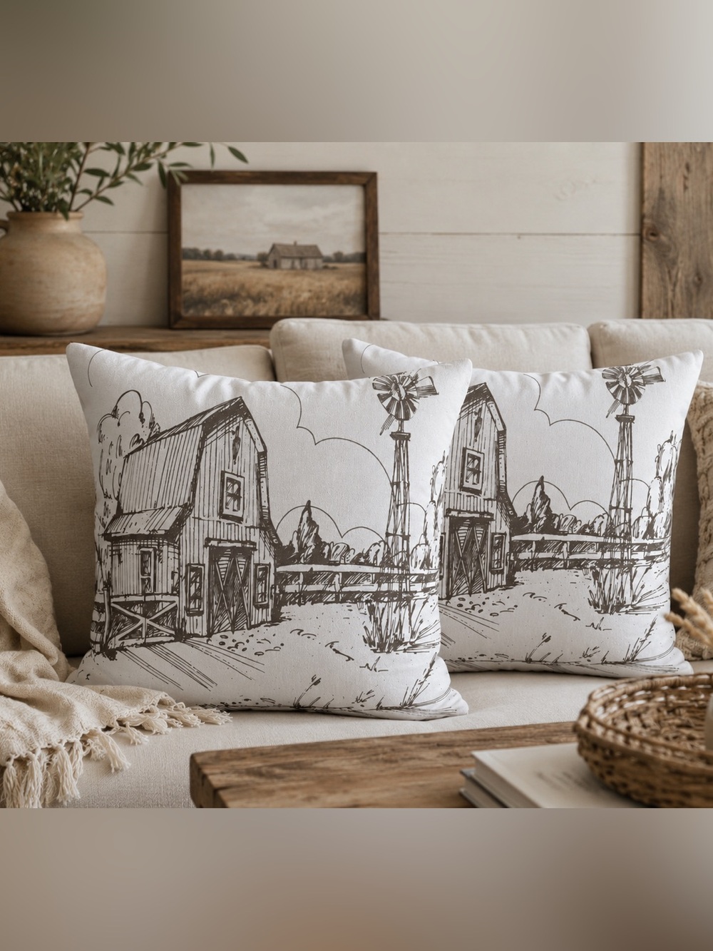 Farmhouse Barn with Windmill Throw Pillows Set of 2 16”x 16”